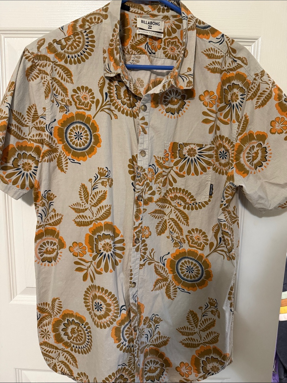 Billabong Beige Button-Up Shirt with Orange & Olive Floral Print